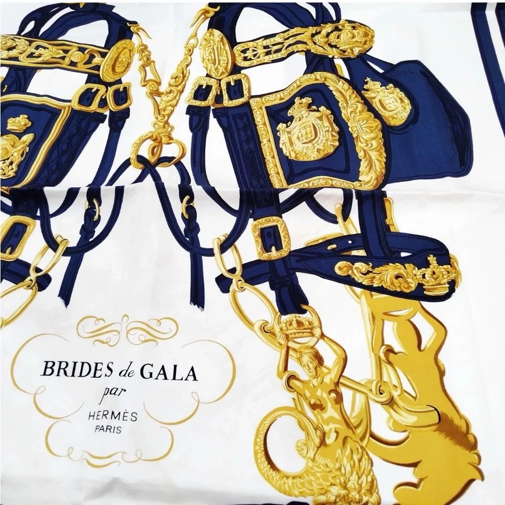 (1) Hermès—“Brides de Gala” Navy Silk Scarf, Vintage - Picture 2 of 7